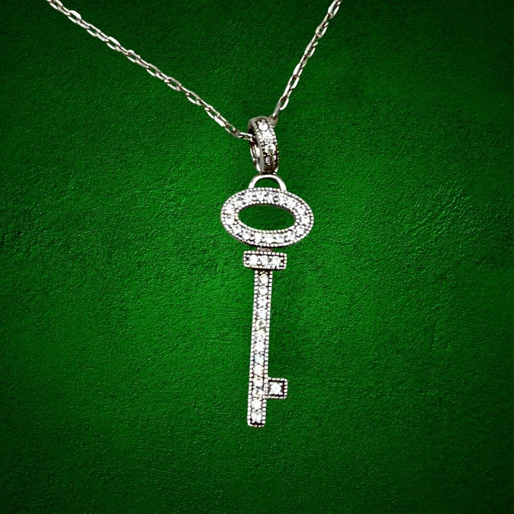 925 Sterling Silver CZ Pave Key Pendant Necklace 16” Adjustable Dainty Jewelry